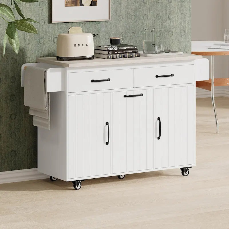 Rolling Kitchen Island Cart with Drop Leaf Tilt-out Trash Cabinet