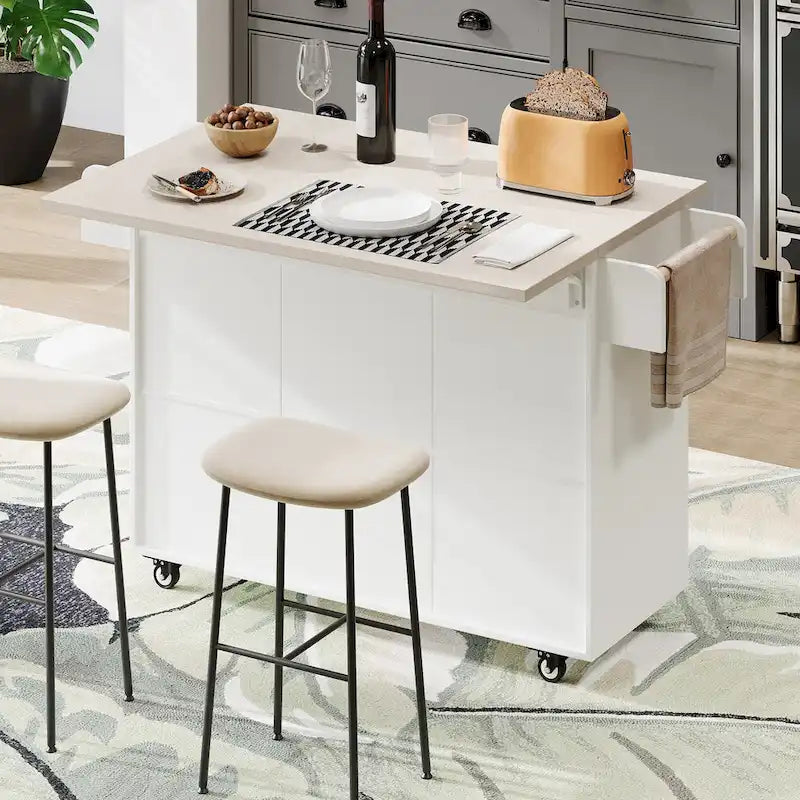 Rolling Kitchen Island Cart with Drop Leaf Tilt-out Trash Cabinet