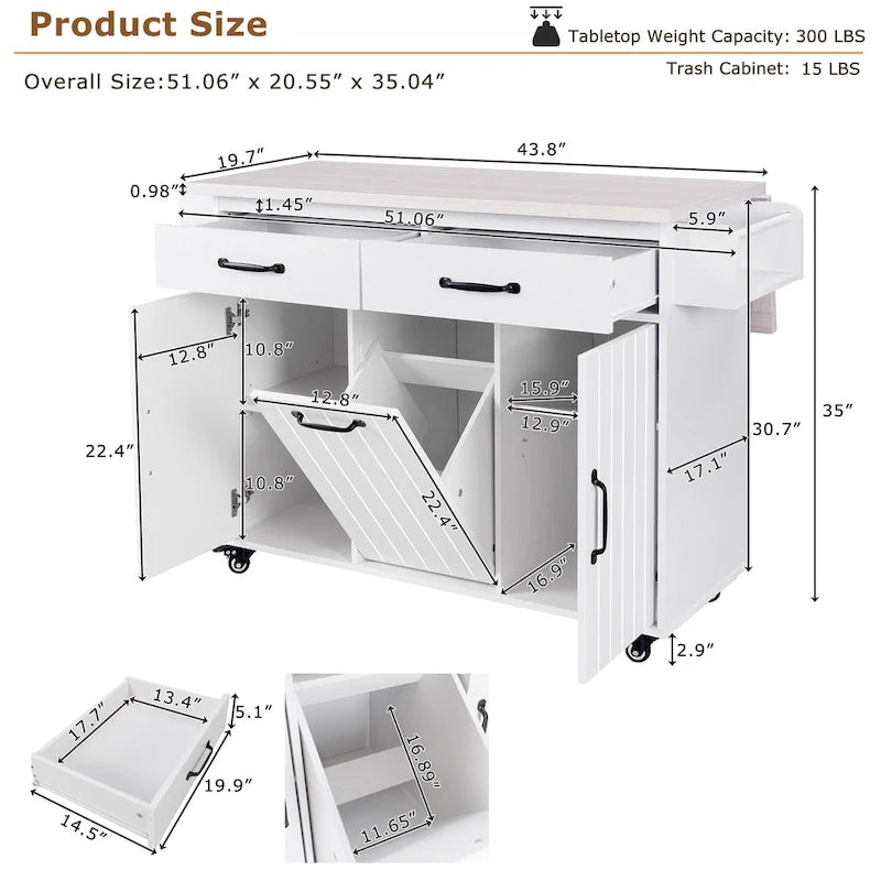 Rolling Kitchen Island Cart with Drop Leaf Tilt-out Trash Cabinet