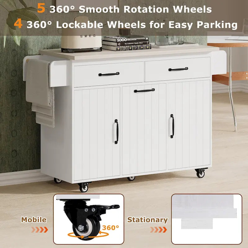 Rolling Kitchen Island Cart with Drop Leaf Tilt-out Trash Cabinet