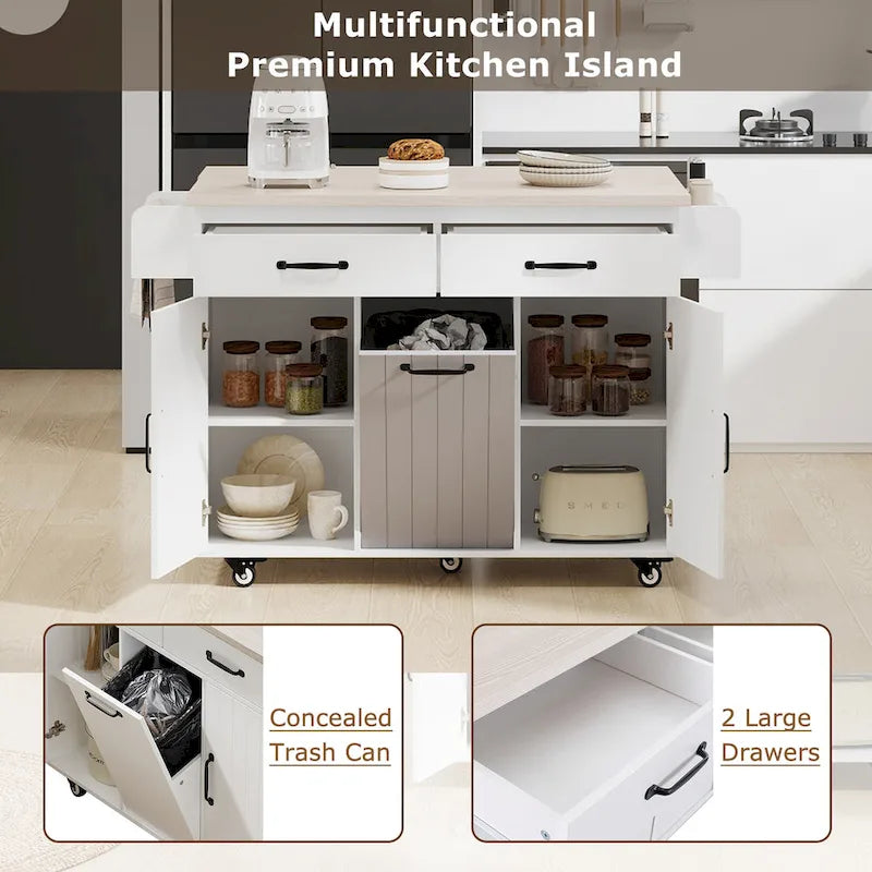 Rolling Kitchen Island Cart with Drop Leaf Tilt-out Trash Cabinet
