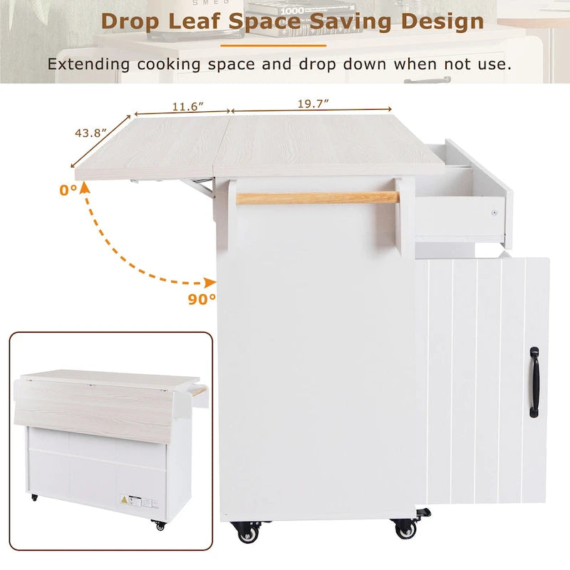 Rolling Kitchen Island Cart with Drop Leaf Tilt-out Trash Cabinet