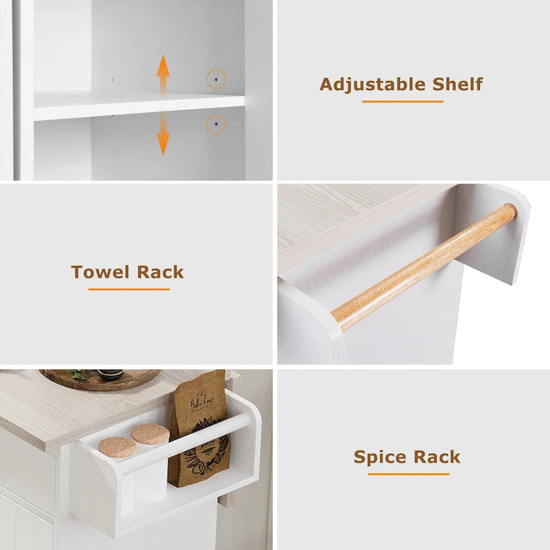 Rolling Kitchen Island Cart with Drop Leaf Tilt-out Trash Cabinet