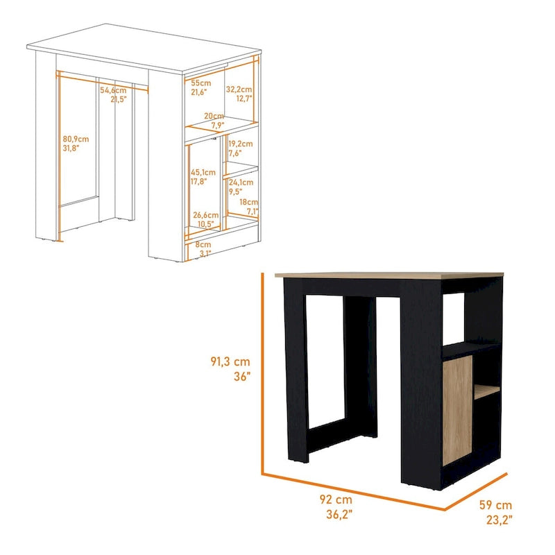 Melamine Kitchen Island with Open Shelves and Cabinet Door, Black Natural Oak