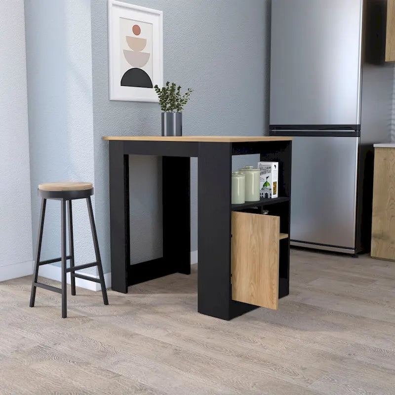 Melamine Kitchen Island with Open Shelves and Cabinet Door, Black Natural Oak