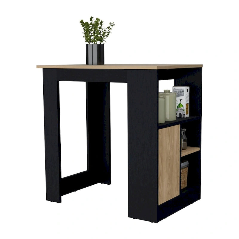 Melamine Kitchen Island with Open Shelves and Cabinet Door, Black Natural Oak