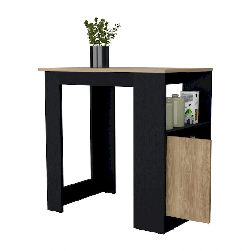 Melamine Kitchen Island with Open Shelves and Cabinet Door, Black Natural Oak